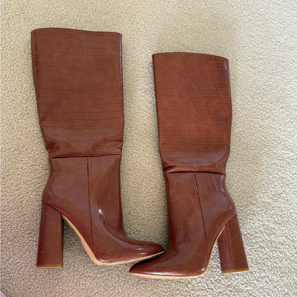 Women’s Brown Croc-Embossed Knee Boots